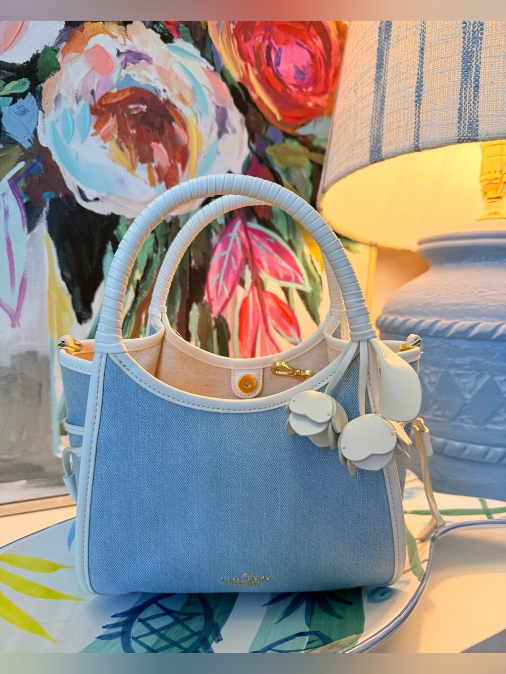 NWT Kate Spade Stash Denim Floral Small Carryall Bag🩵 Authentic